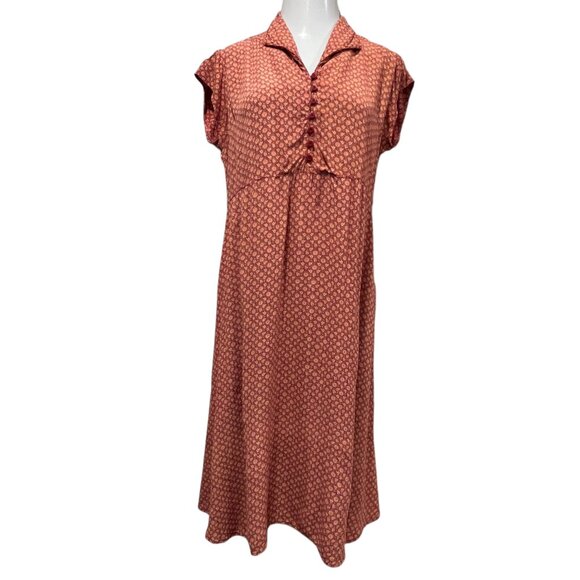 April Cornell Vtg Cap Sleeve Floral Midi Dress, Red Tan, L - Picture 10 of 10